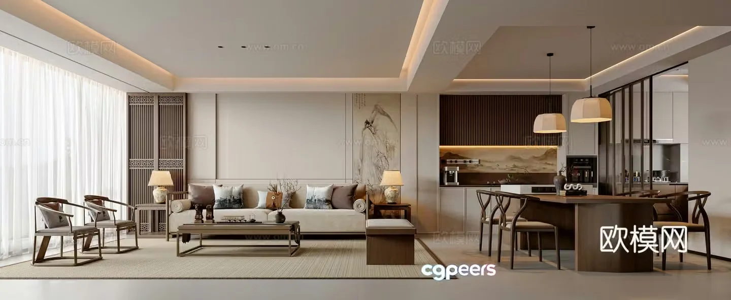Modern new Chinese style living and dining room sofa and coffee table combination dining table and chair combination sideboard leisure chair 3D model