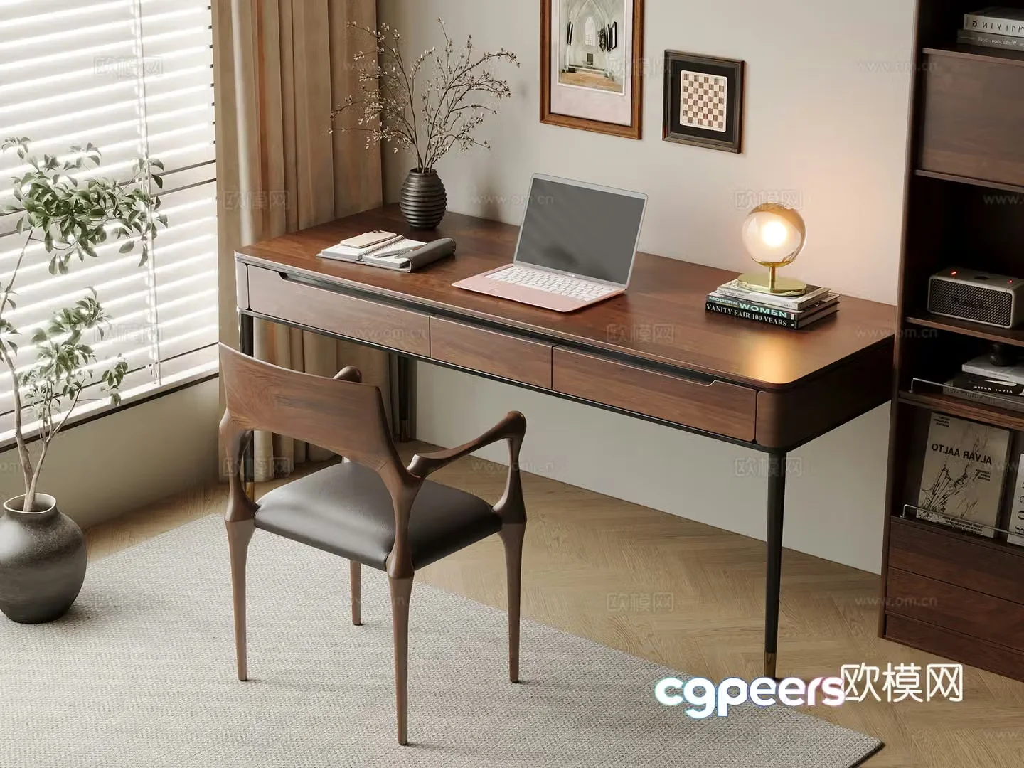 Middle-aged style desk and chair solid wood computer desk and chair writing desk study desk and chair solid wood single chair bookcase 3D model