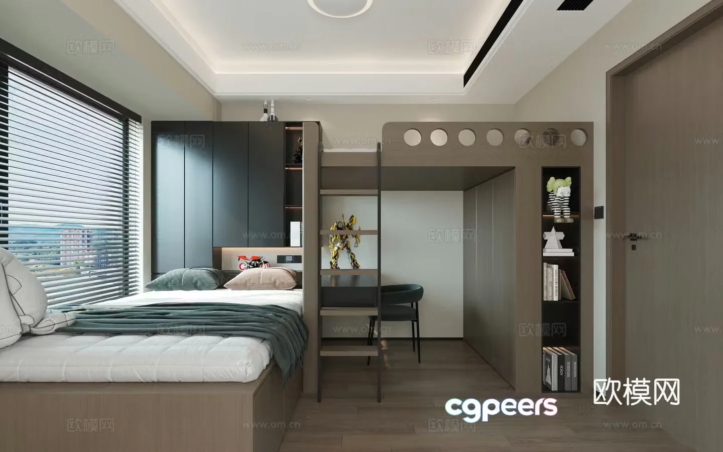 Modern Italian minimalist bedroom tatami kids room high and low bed 3d model