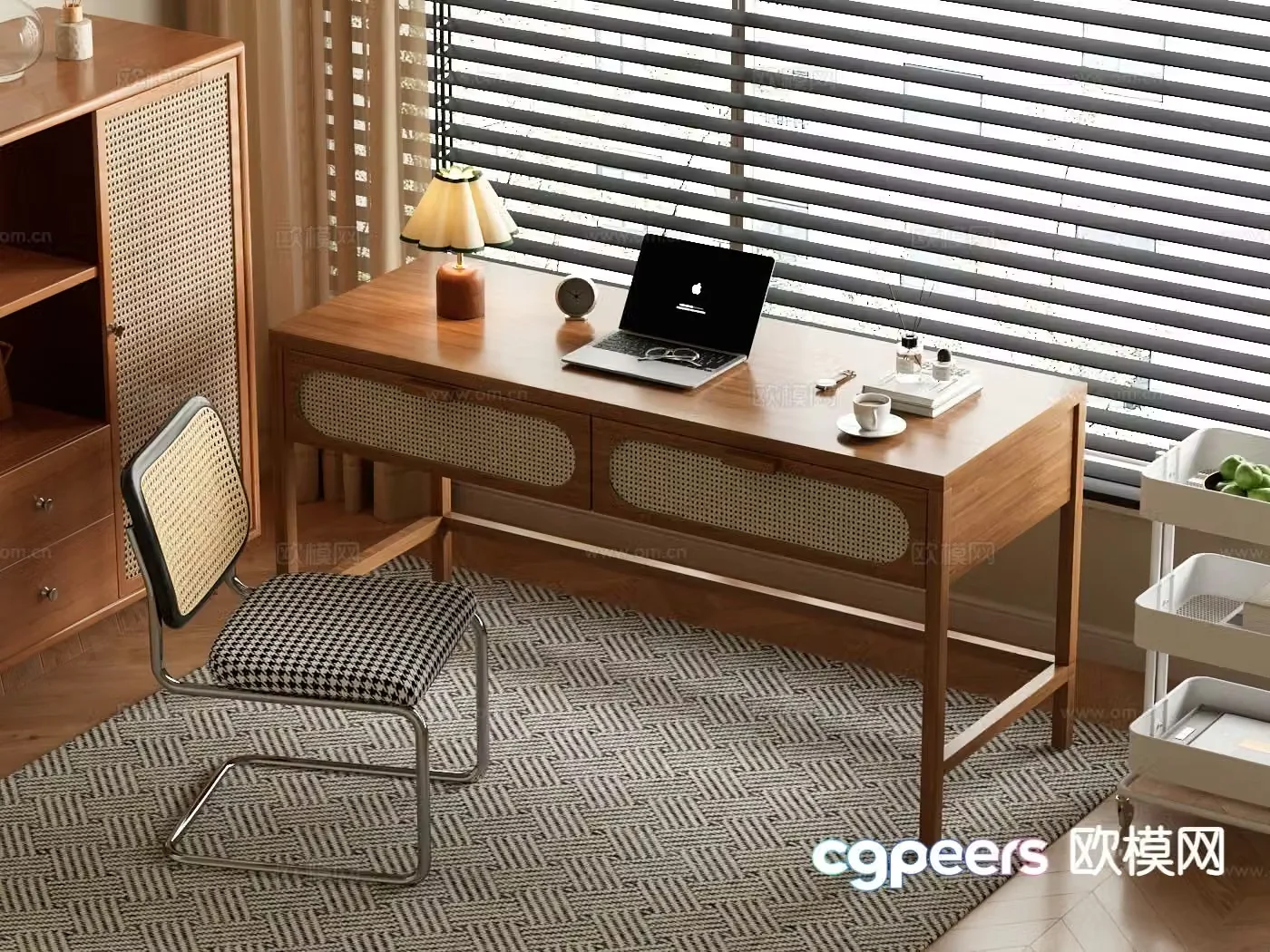 Middle-aged desk and chair rattan desk and chair 3D model
