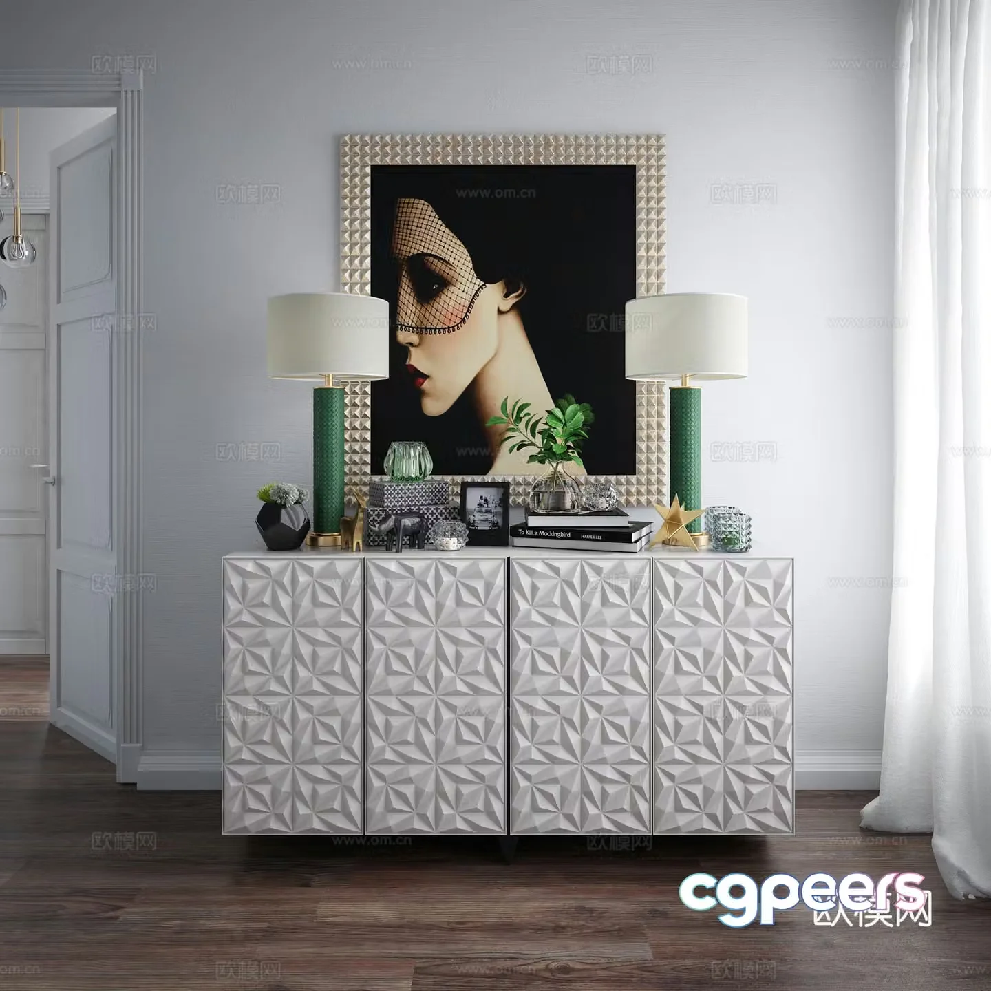 Modern solid wood side cabinet decorative cabinet desk lamp decorative painting ornament combination 3D model 3D model