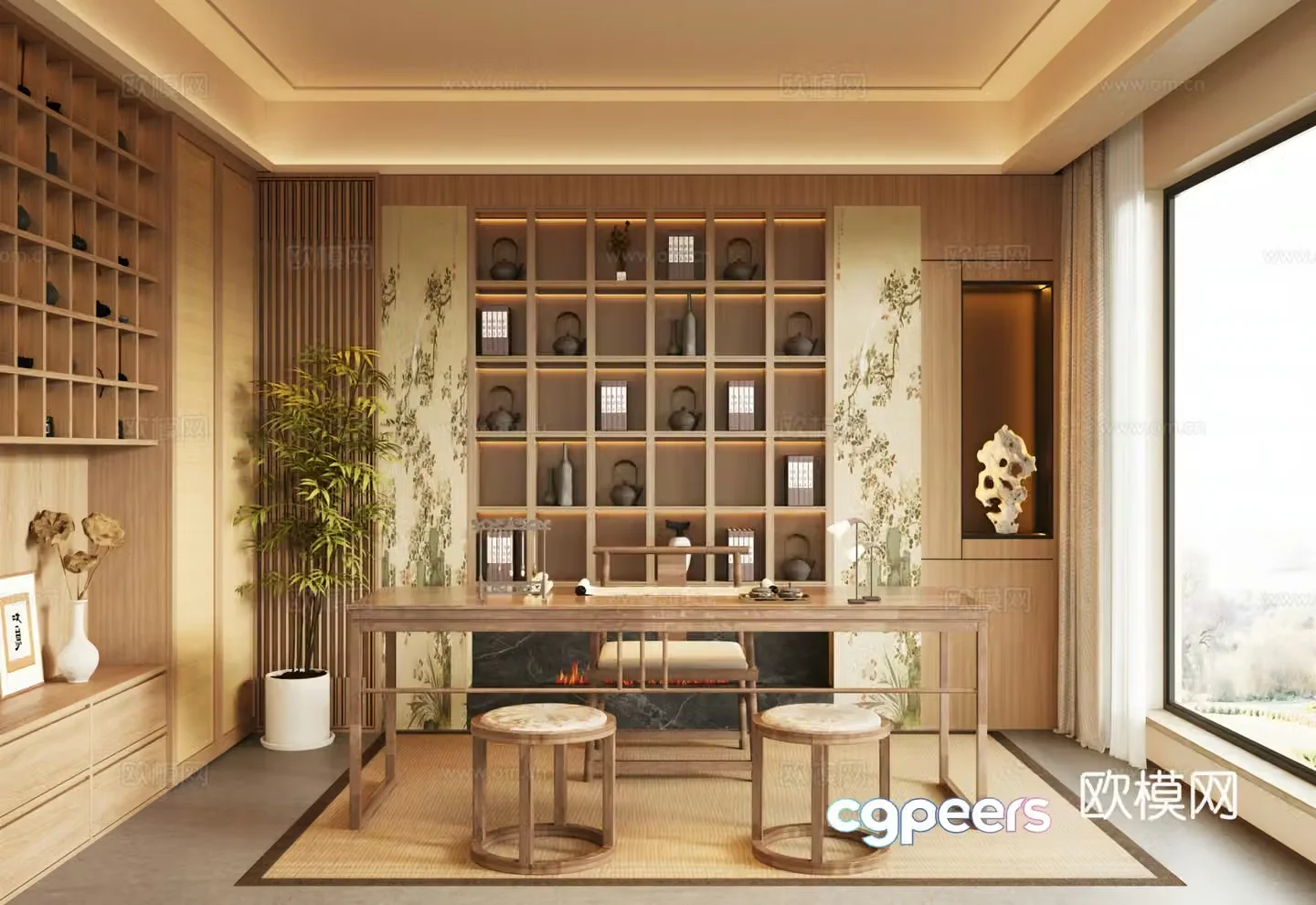New Chinese Song style study bookcase background wall tea cabinet Song style desk and chair 3D model