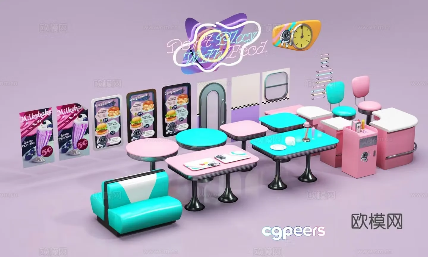 Modern dining table and chairs Fast food table and chairs Hamburger shop table and chairs Doors and windows Ornaments Furniture Neon 3D model