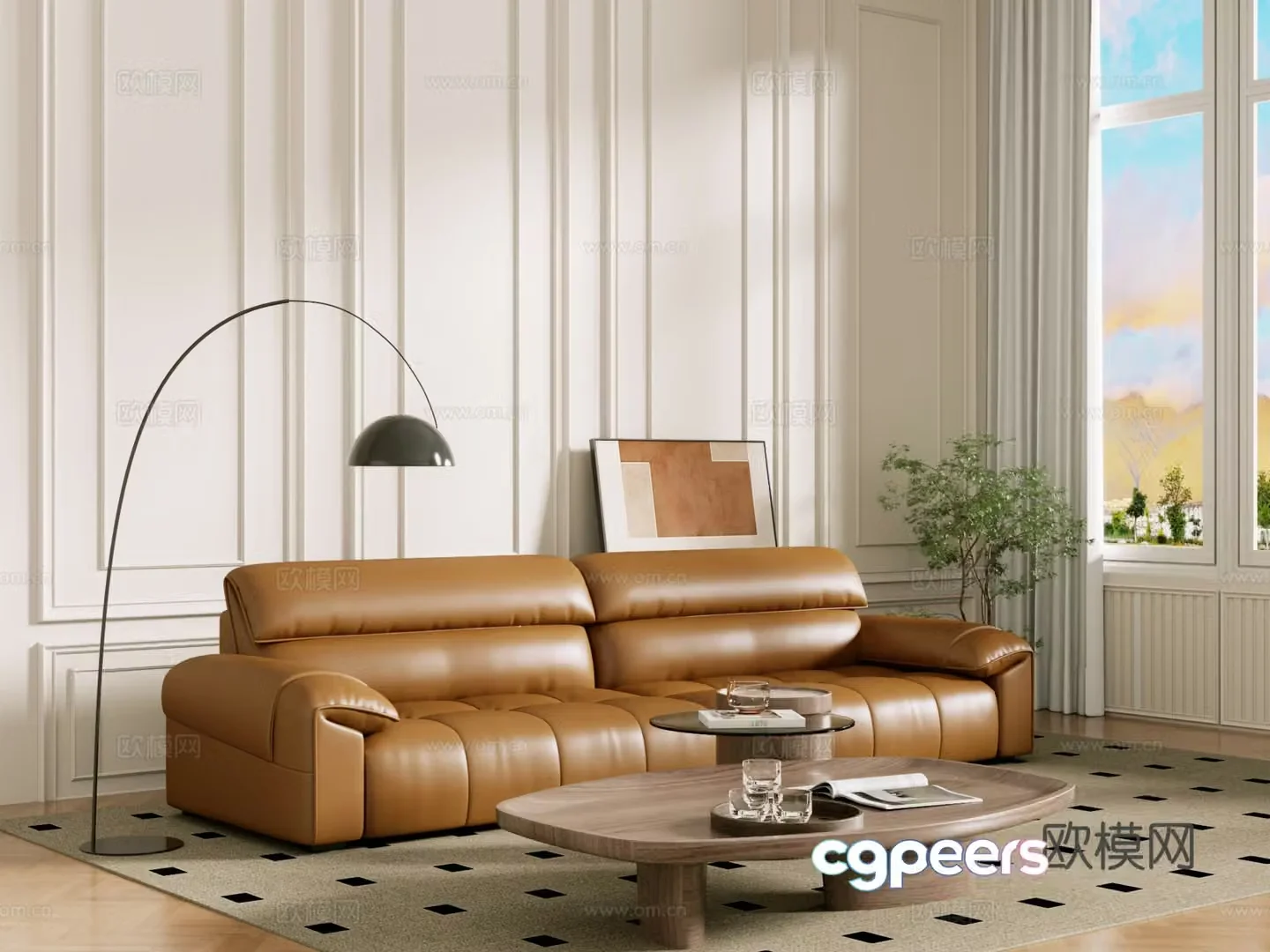 Middle-aged sofa combination coffee table carpet multi-person sofa 3D model