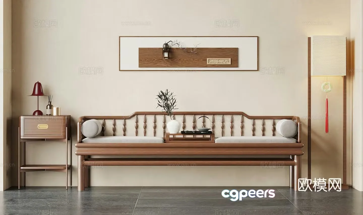 09 Arhat Bed New Chinese Arhat Bed Floor Lamp Decorative Painting 3D Model
