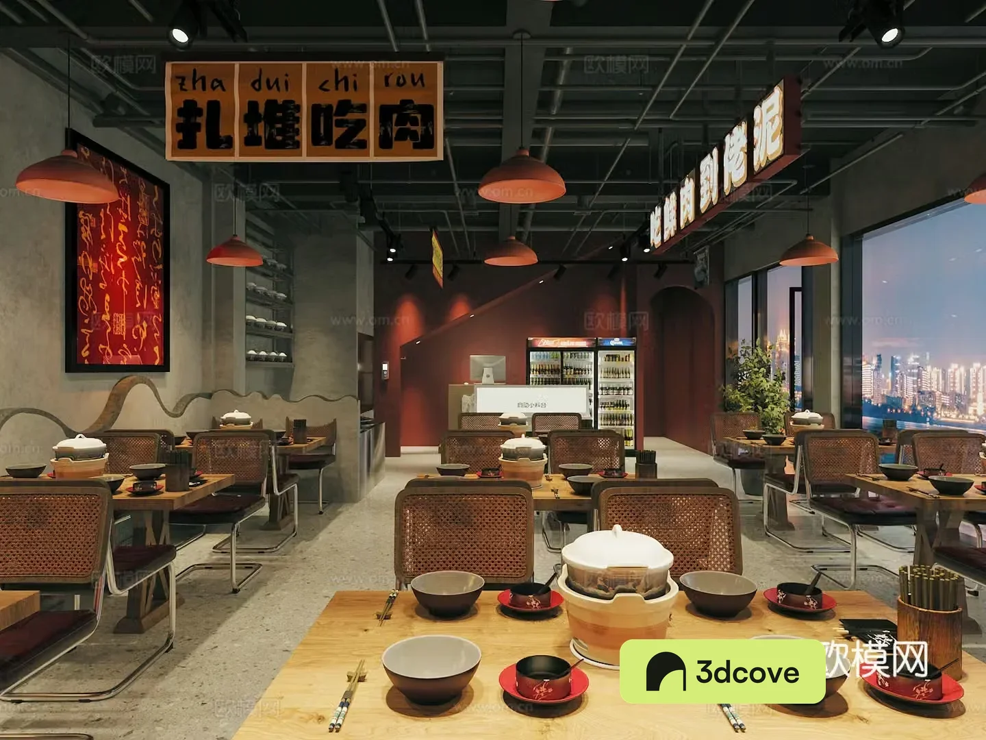 New Chinese hot pot restaurant barbecue restaurant chicken pot shop hot pot shop table and chairs hot pot restaurant tableware and casserole