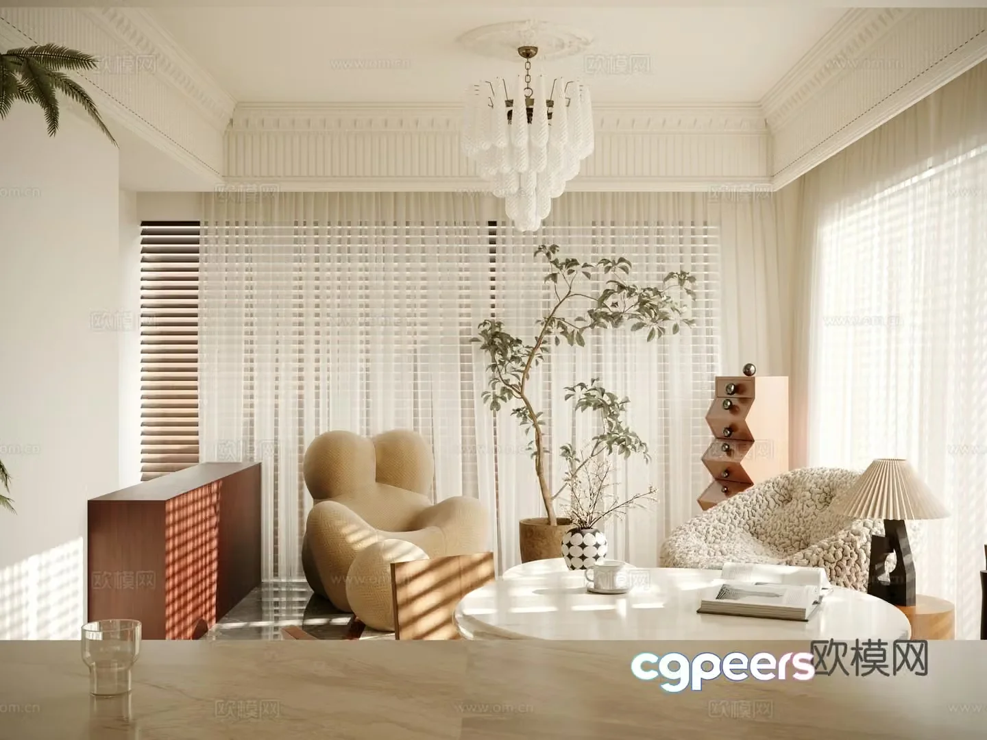 French cream home living room freehand space shell sofa mother embrace sofa cave stone dining table 3D model