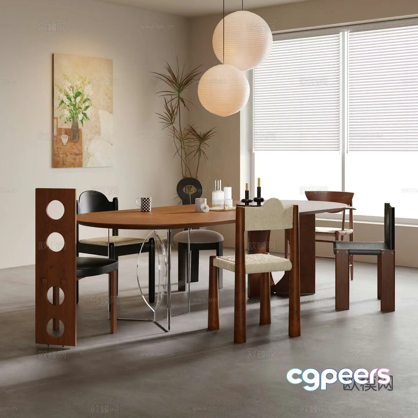 Middle style dining table and chair chandeliers decorative painting 3d model