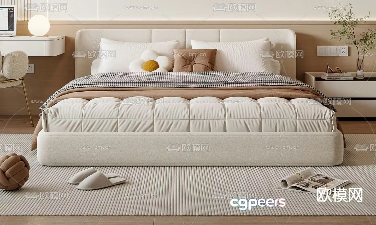 Cream style double bed 3d model