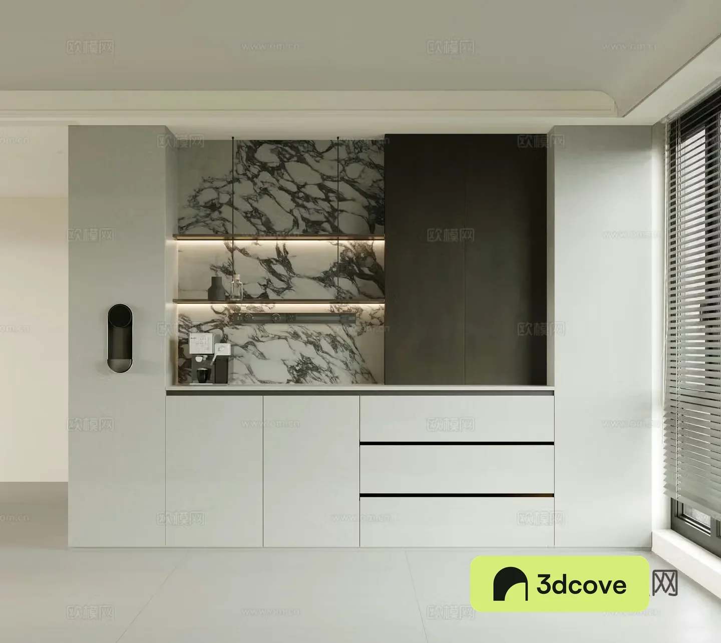 Cream minimalist sideboard coffee machine water dispenser track socket broken bridge aluminum window direct drinker