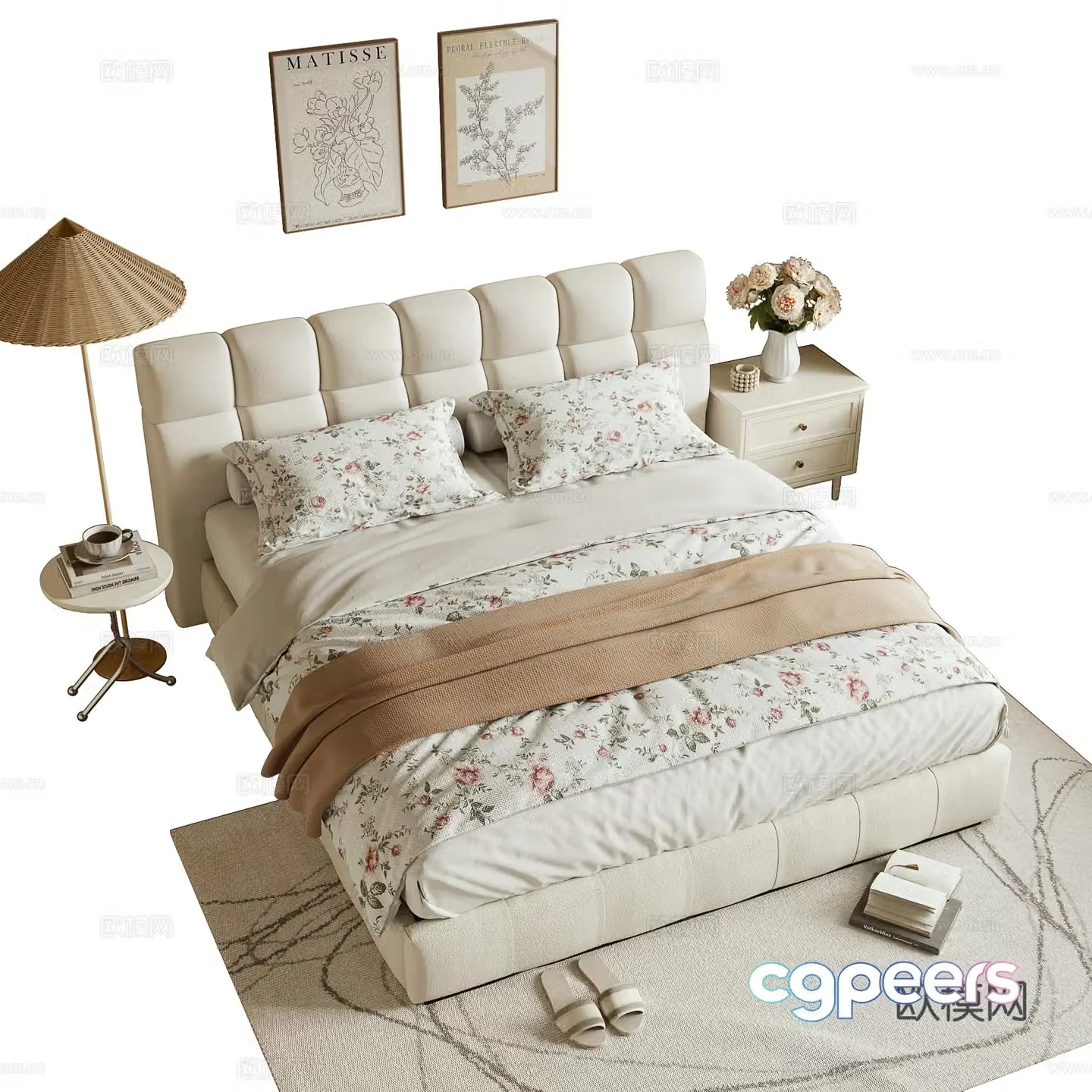 Cream style double bed 3d model