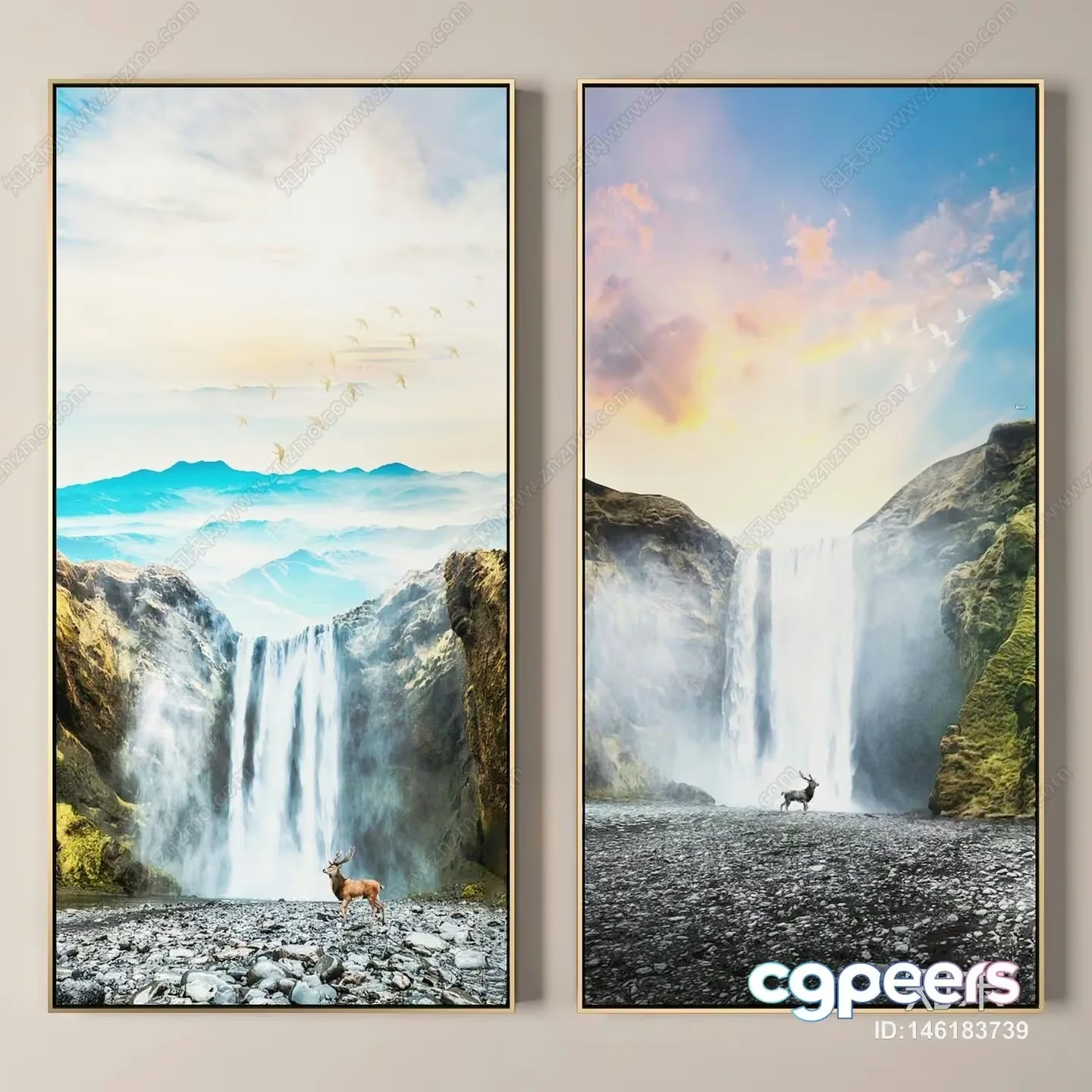 Two Large Framed Pictures Of A Waterfall And Mountains 3D Model – 8427 – VRAY Render