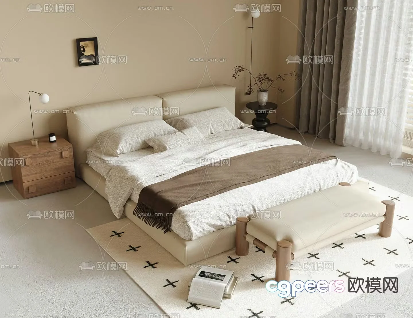 Cream style double bed 3d model