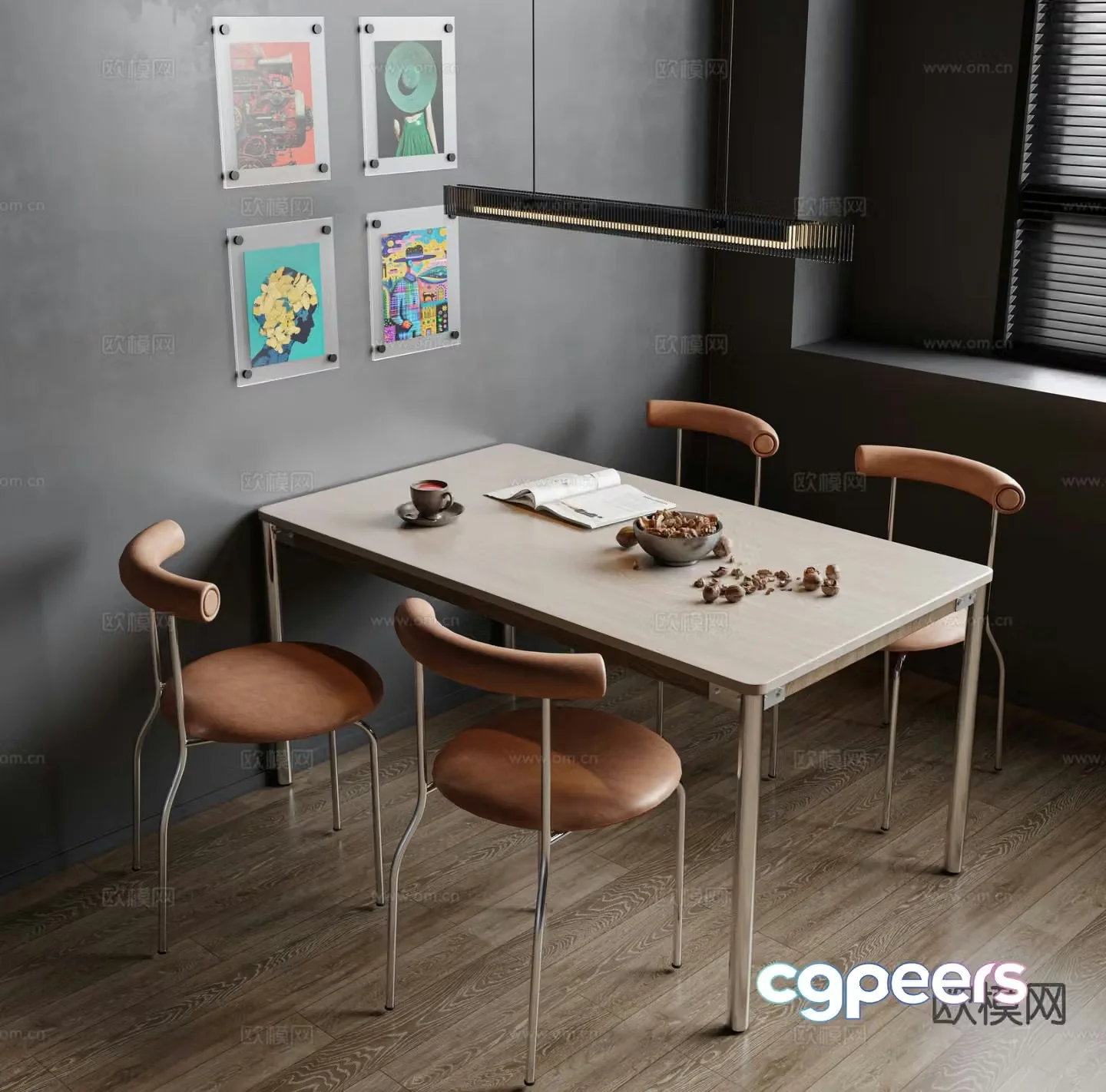 Modern long dining table and chairs 3d model