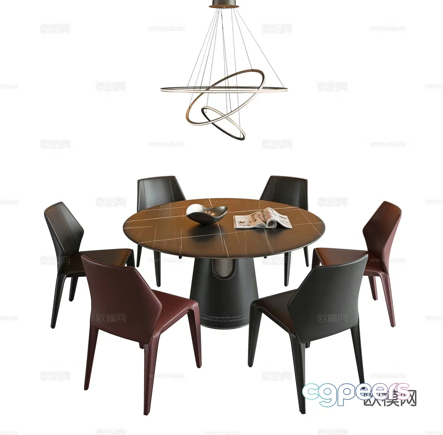 Italian dining table and chair combination round dining table rock table leather dining chair single chair book chair gold 3d model