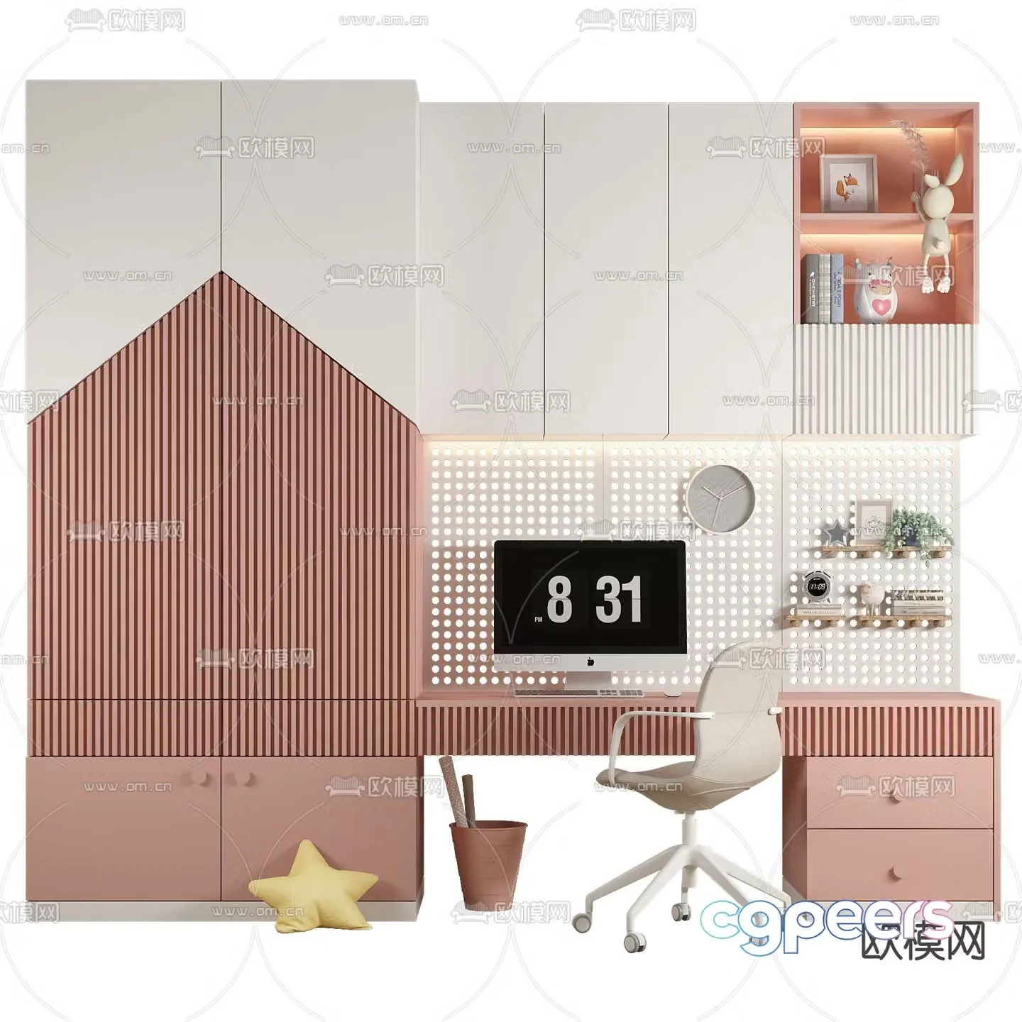 Modern children’s integrated bookcase table and chair 3d model