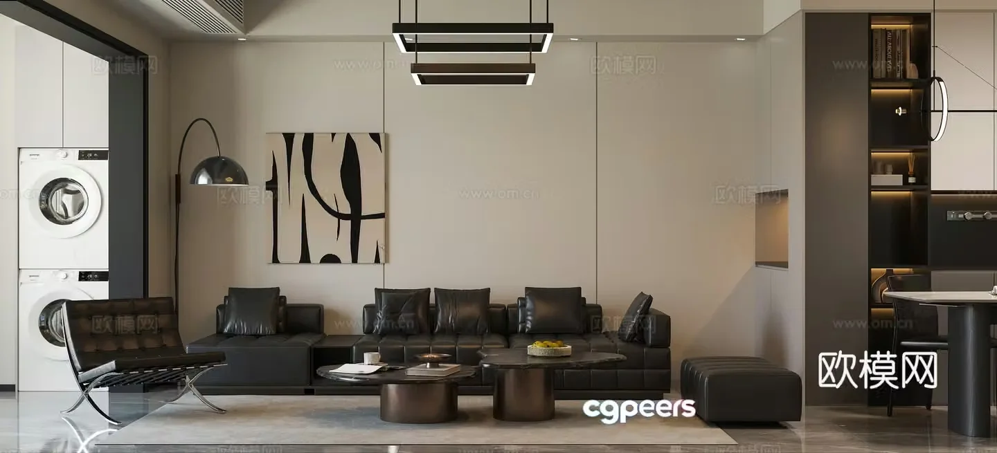 Modern black white and gray minimalist living restaurant 3d model