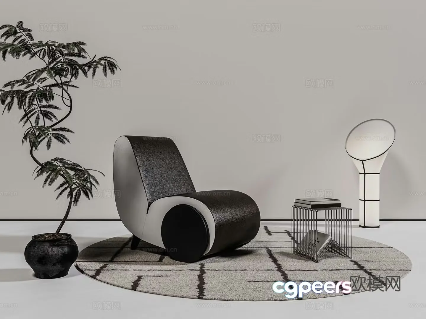 Modern single leather sofa new Chinese style leisure chair leather sofa wheel-shaped single chair 3D model