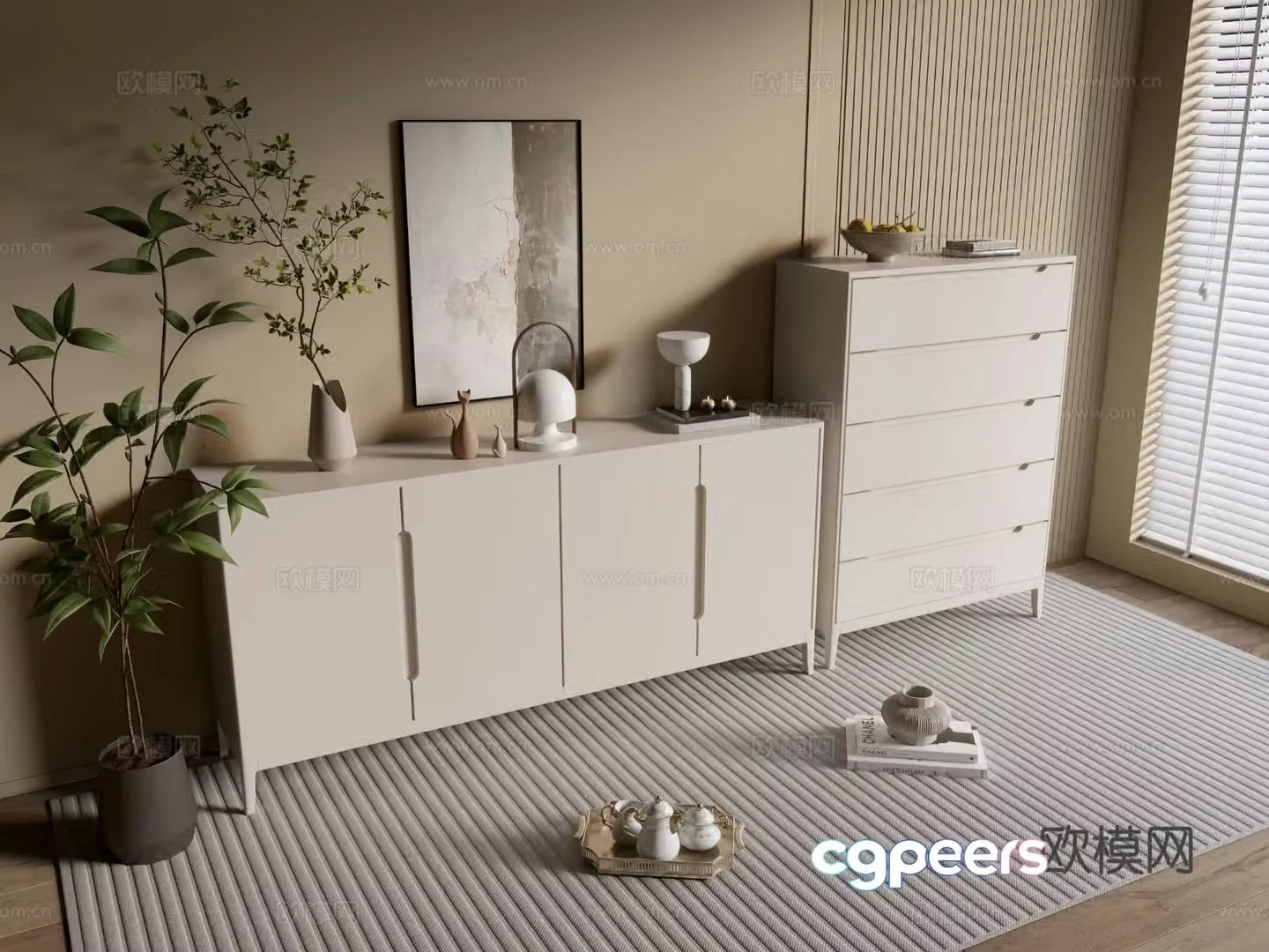 Cream style entrance cabinet side cabinet 3D model
