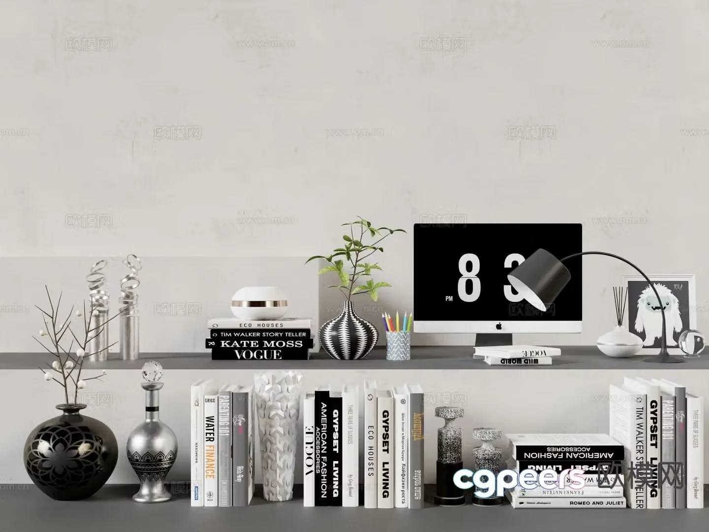Modern decorations ornaments books computers desk lamps 3d model