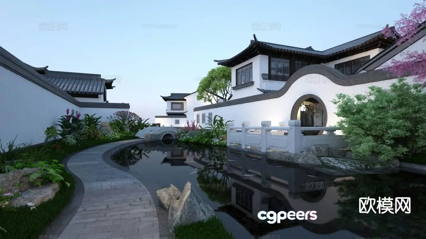 Chinese courtyard waterscape small bridge flowing water 3D model