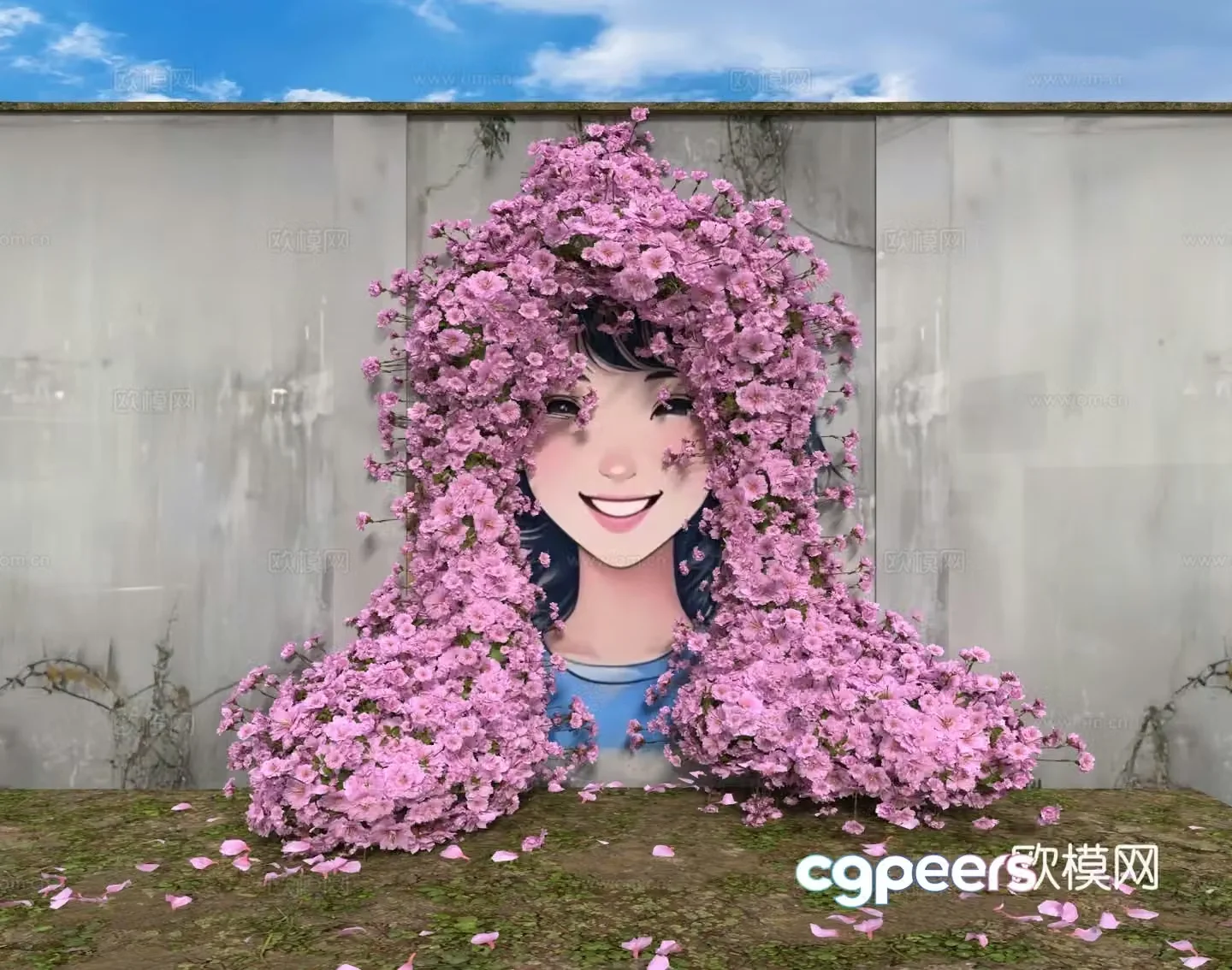 Wall-painted flowers and beautiful 3D model