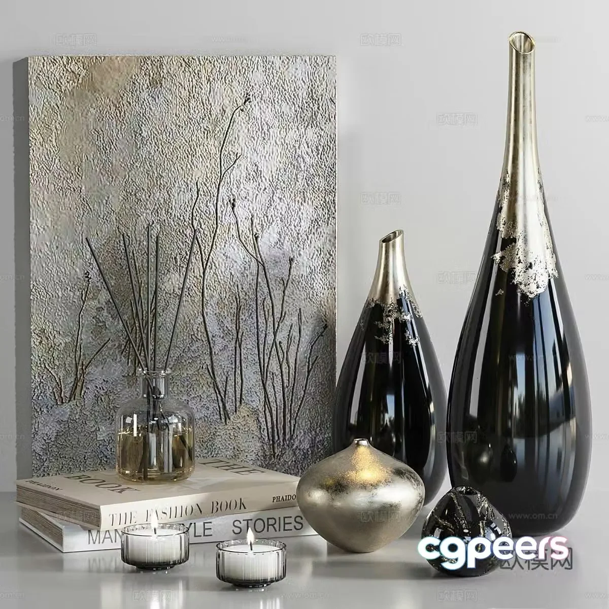 Modern decorations ornaments vases books 3d model