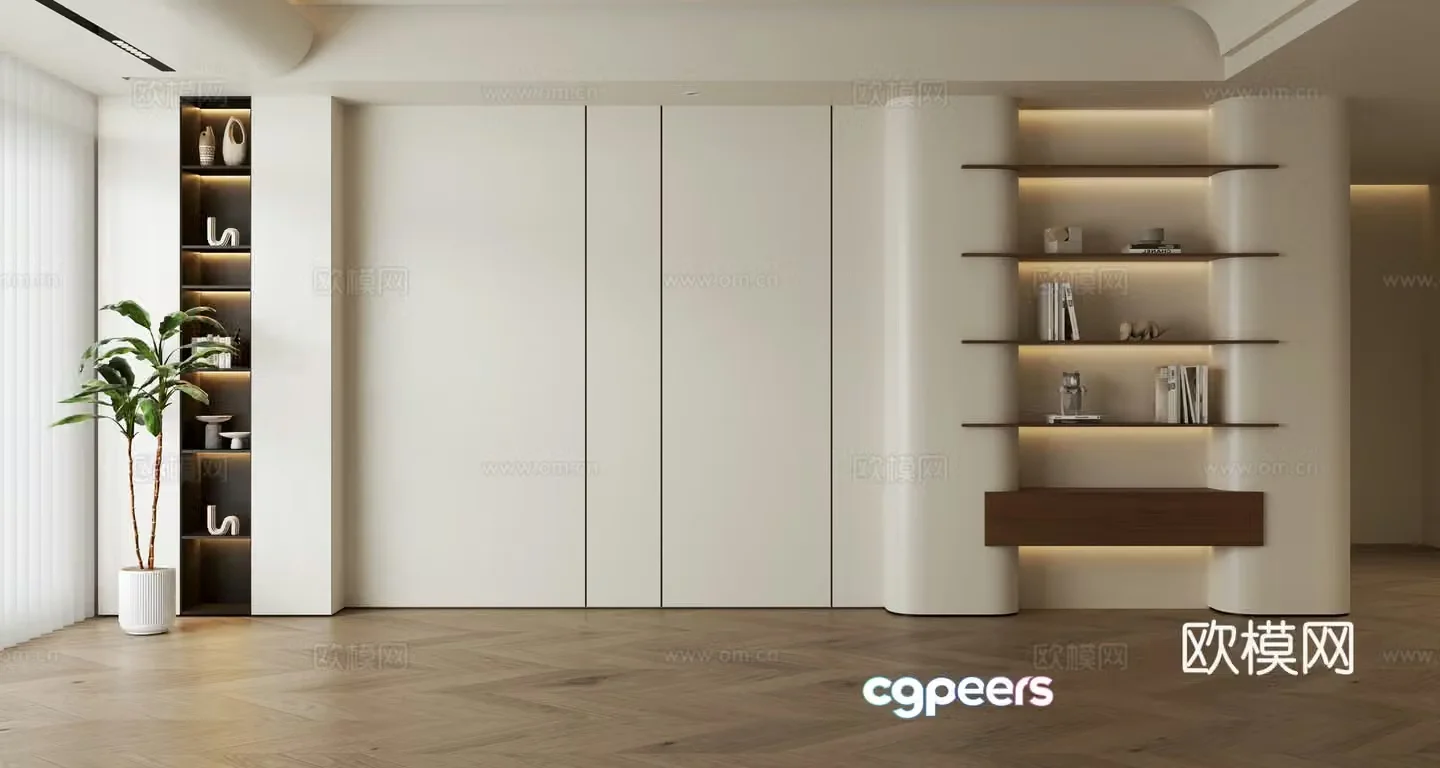 Creamy sofa background wall full wall cabinet 3d model