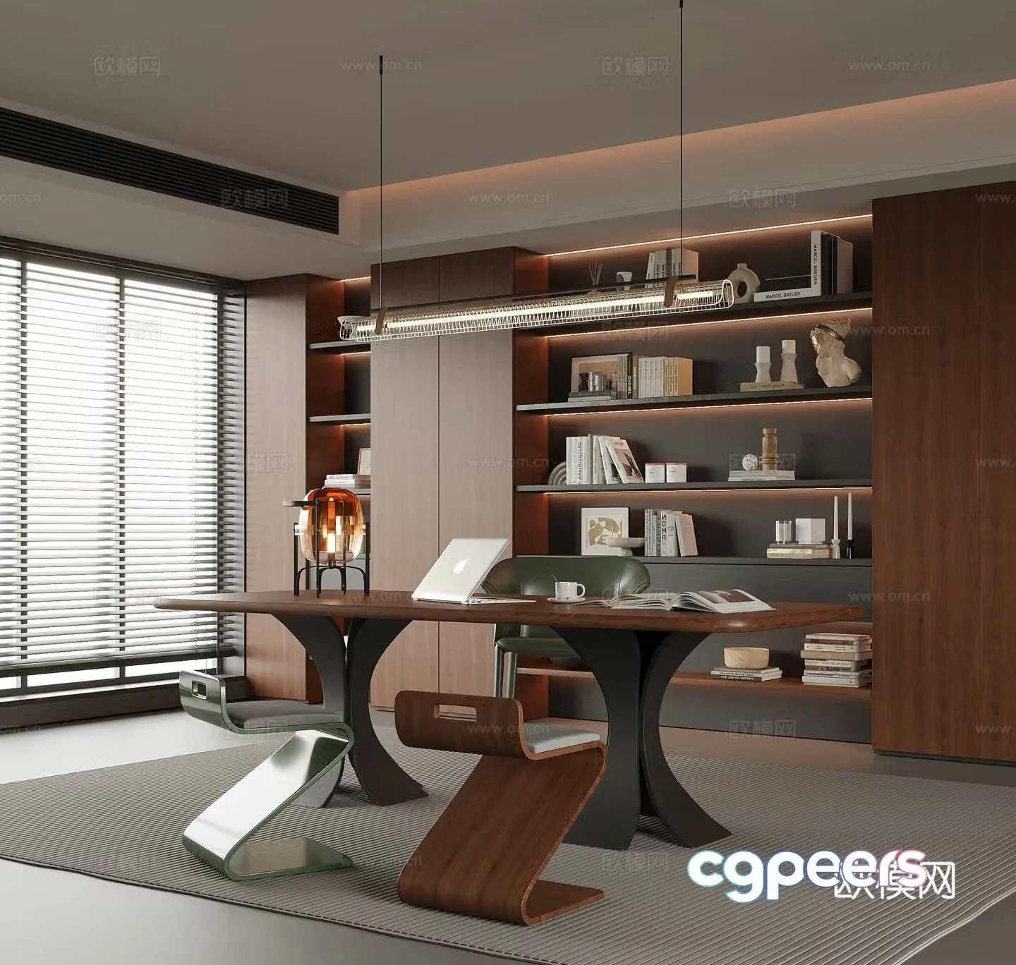Modern study desk chair bookcase stool 3d model