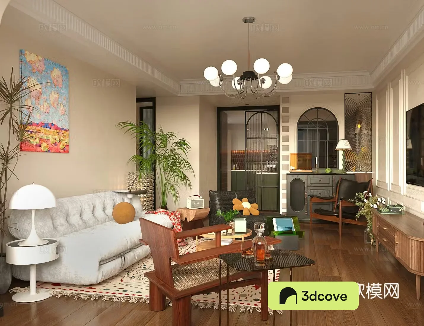 Medium style living room horizontal living room small living room sofa and coffee table combination French retro living room 3D model