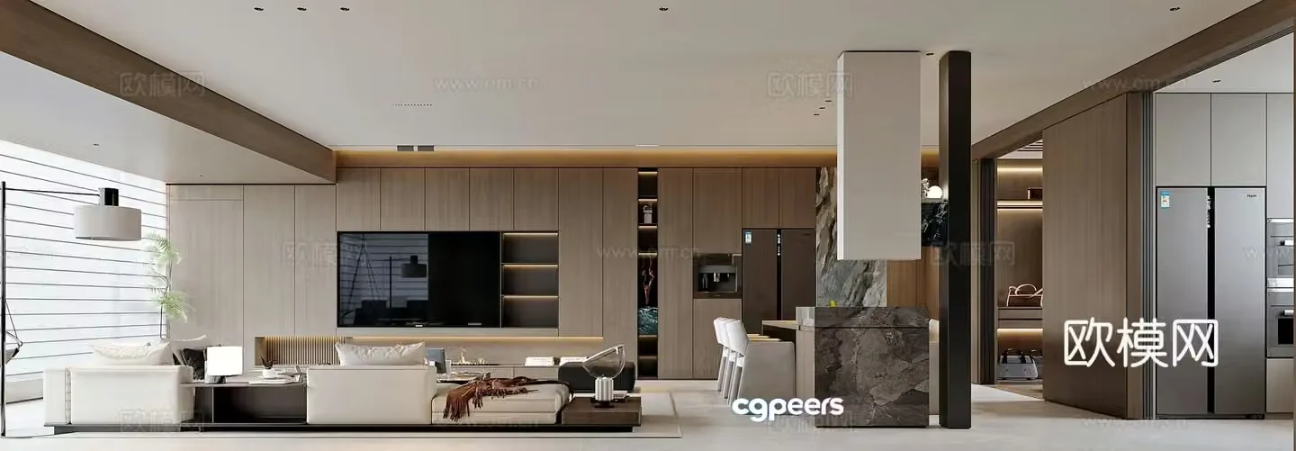Modern style home living and dining room 3d model