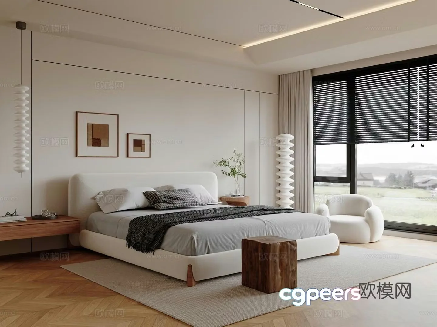 Modern cream home bedroom_second bedroom_master bedroom_no master bedroom_border light bedroom_slanted roof bedroom 3D model