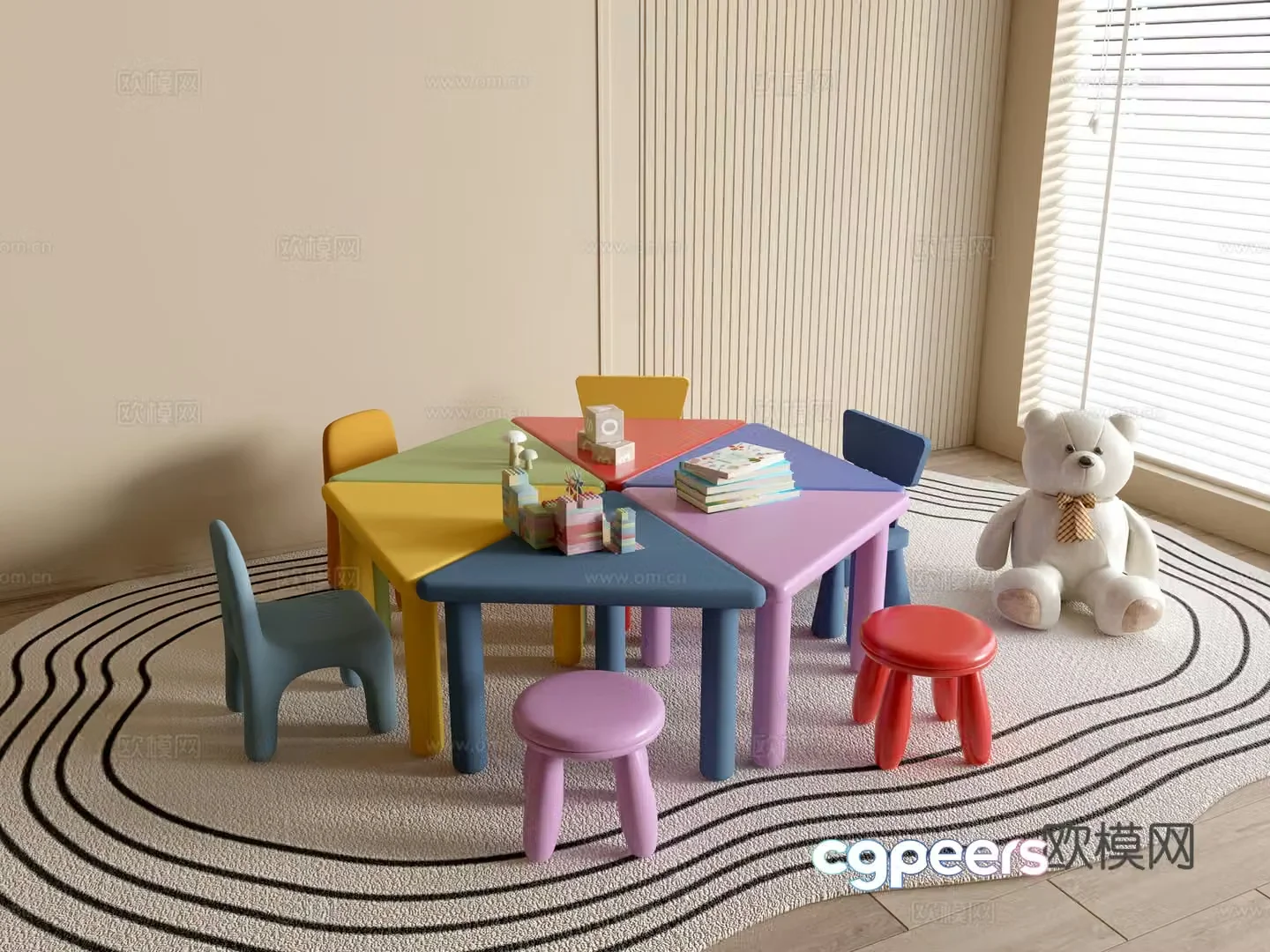 Modern kindergarten table and chairs kindergarten toys child seat combination children’s handmade table cartoon table 3d model