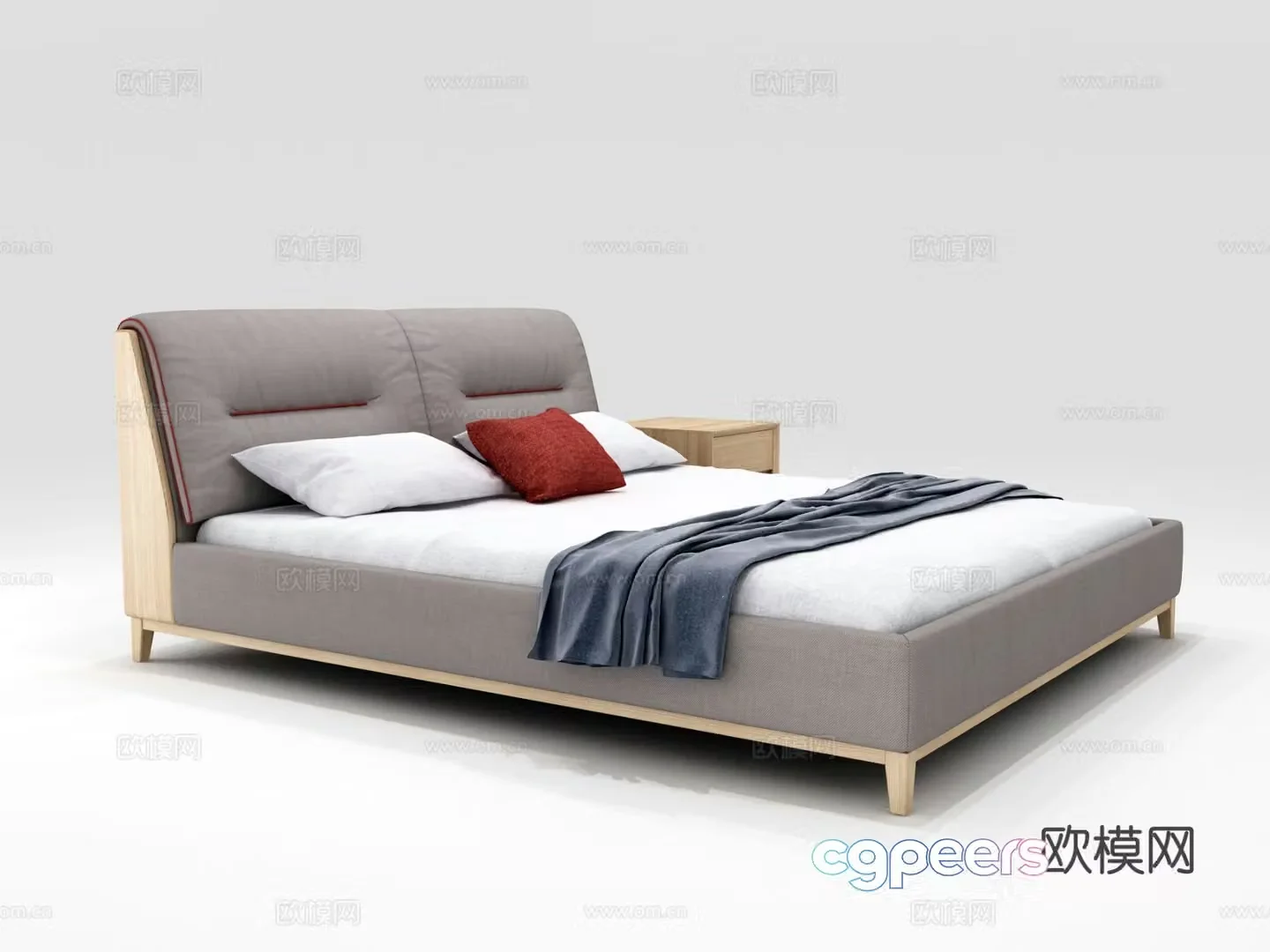 Nordic fabric bed bedside table double bed 3d model
