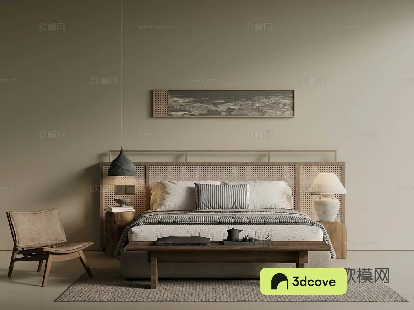 Middle Ages Wabi Sagi Double Bed Fabric Bed Leather Bed Solid Wood Bed Master Bed Vine 3D Model