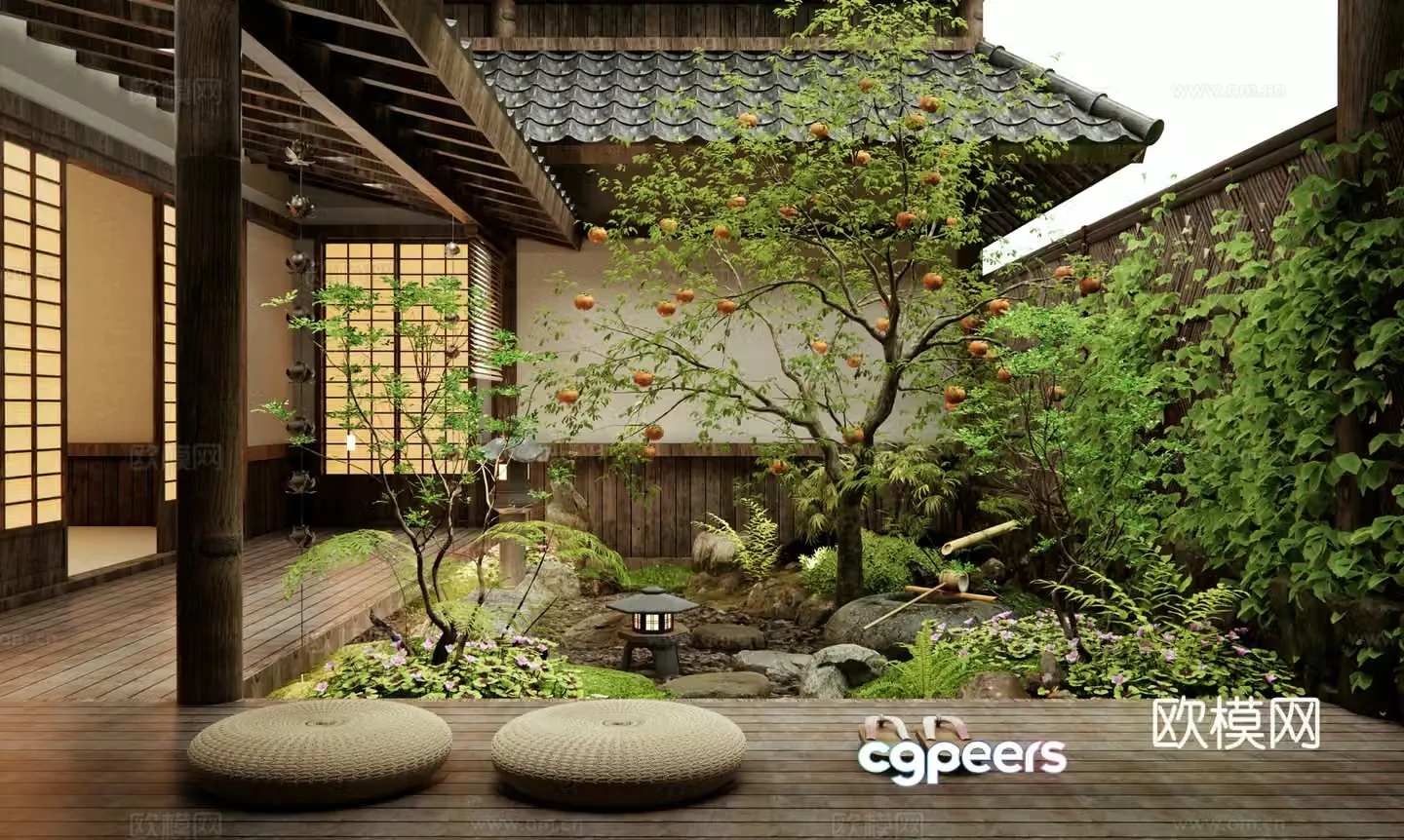 Japanese style courtyard landscape Persimmon tree Zen courtyard waterscape landscape plant landscape 3d model