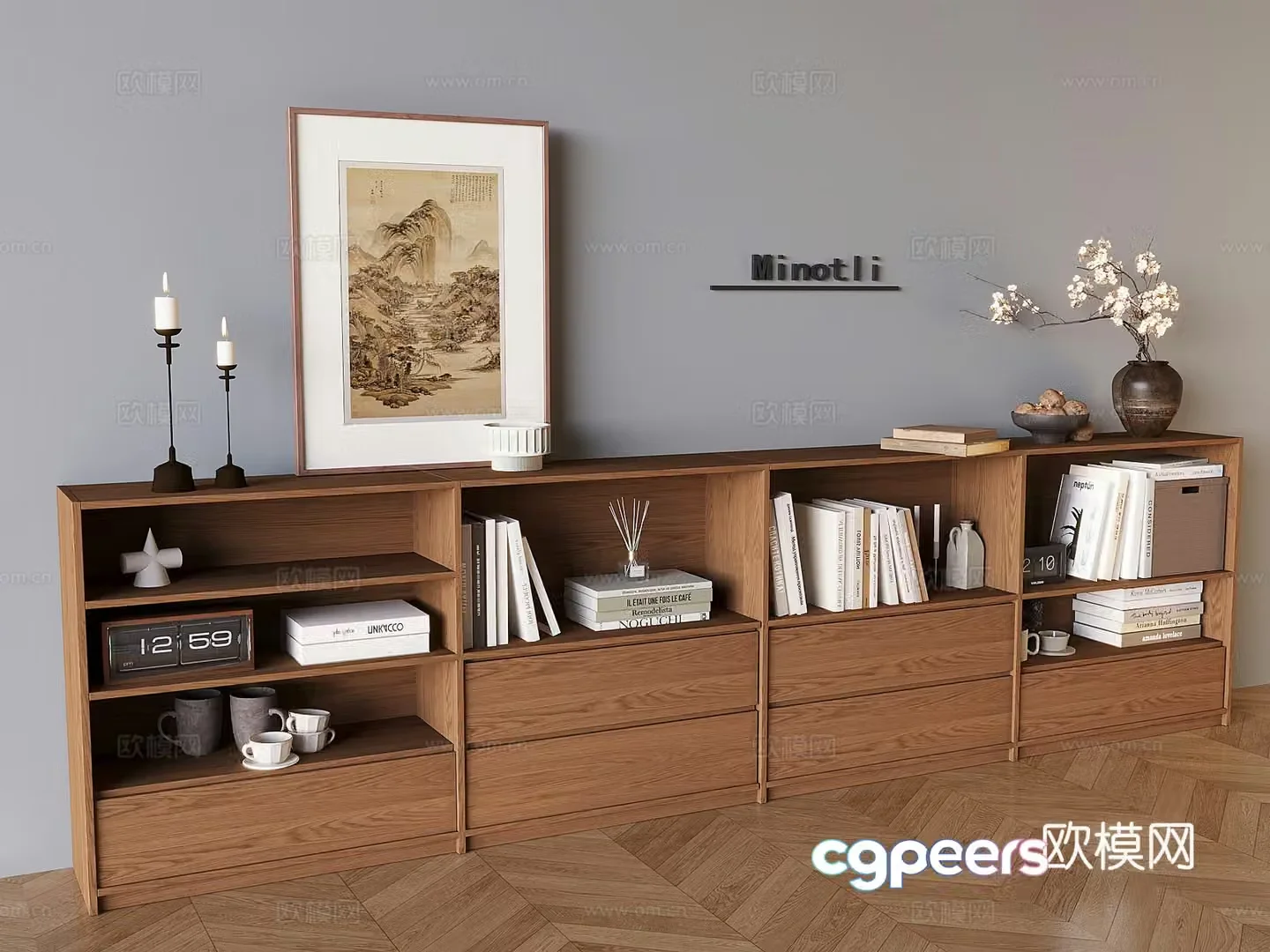 Middle style solid wood TV cabinet bookcase low cabinet candle books floor-standing TV cabinet ornaments 3D model