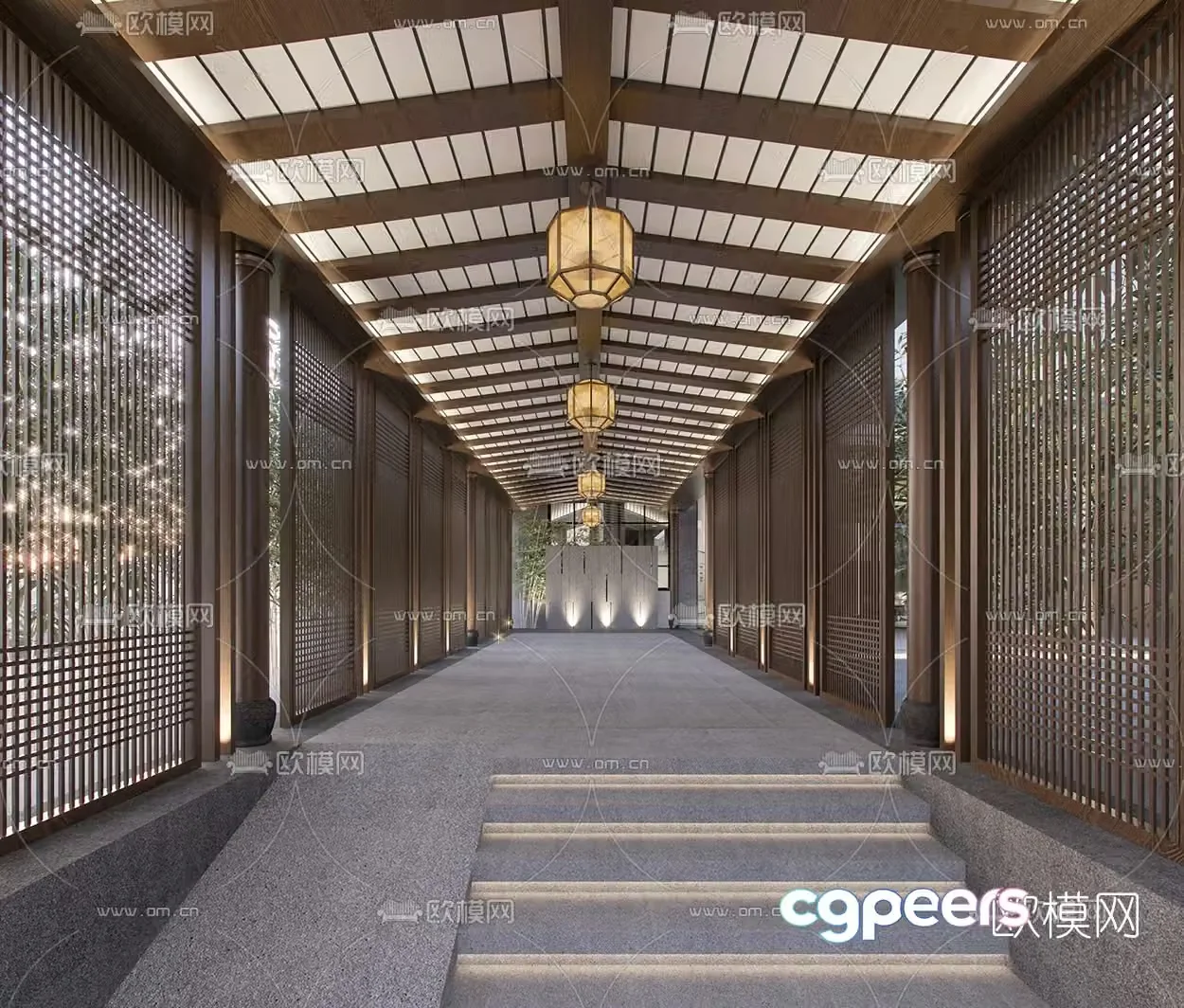 New Chinese style light luxury hotel club corridor 3D model