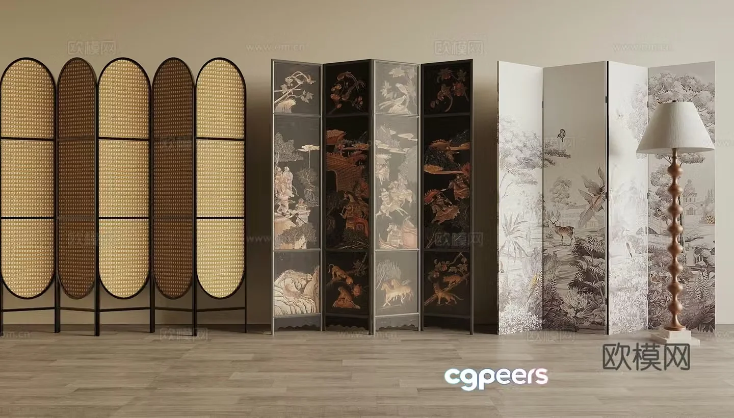 Medieval style screen folding screen landscape painting screen 3d model