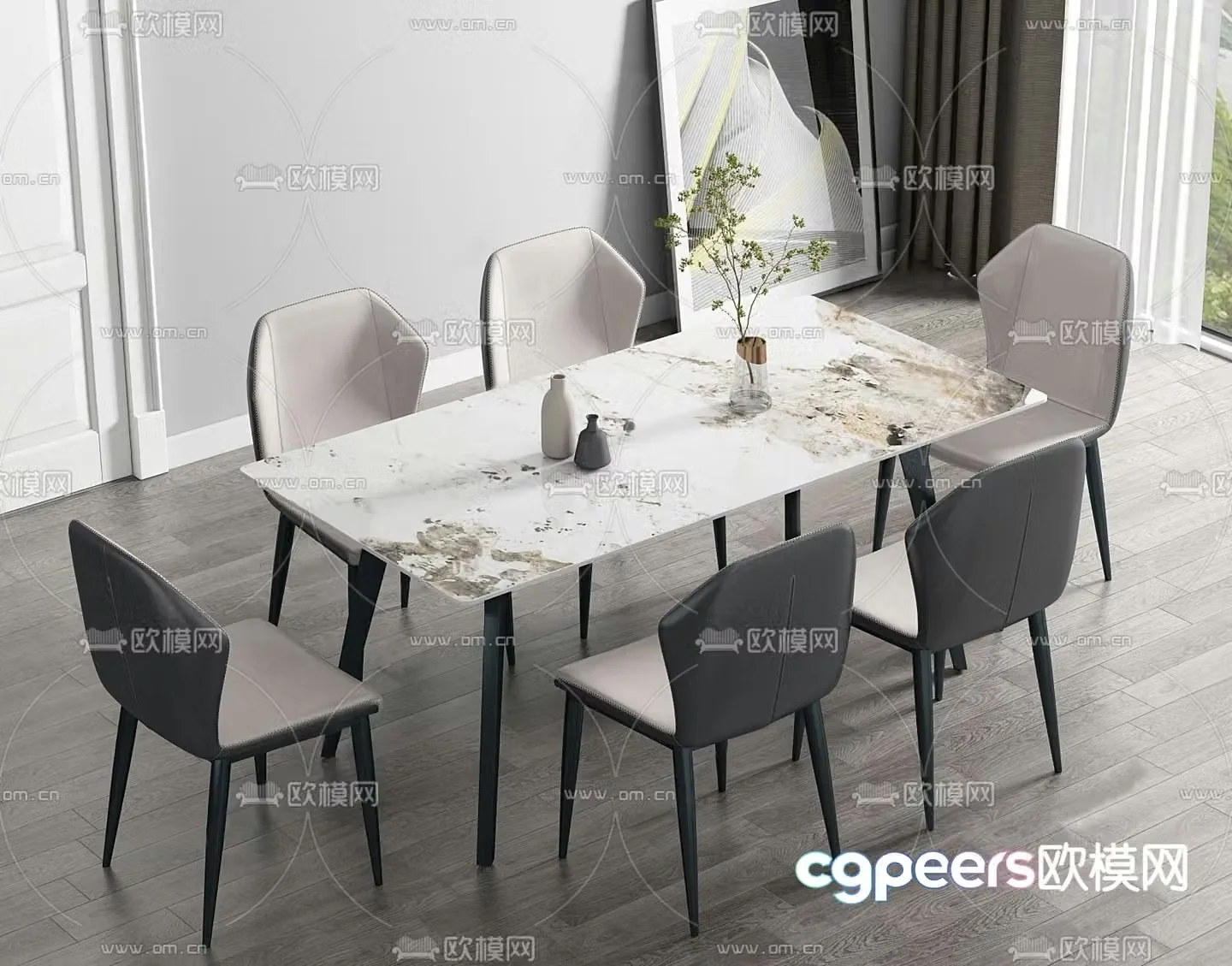 Modern dining table and chairs long dining table marble dining table 3d model