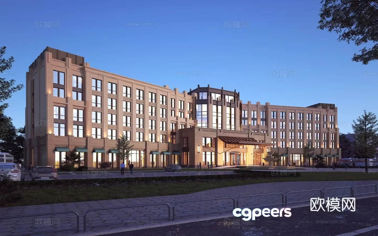 Modern simple European hotel modern hotel door modern hotel night view 3d model