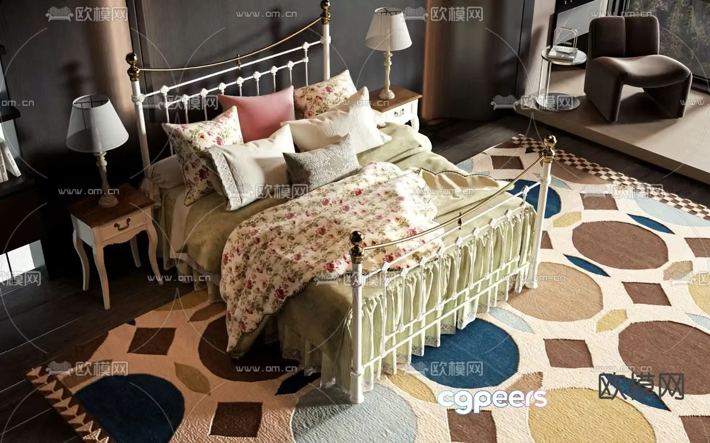 American double bed 3d model