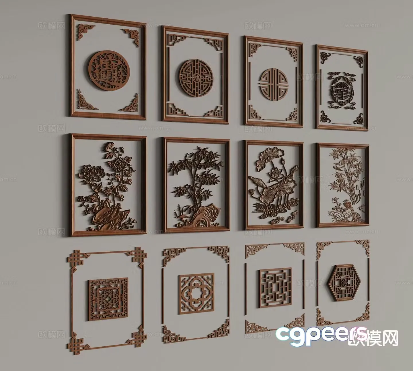New Chinese style carving corner flower lattice 3D model