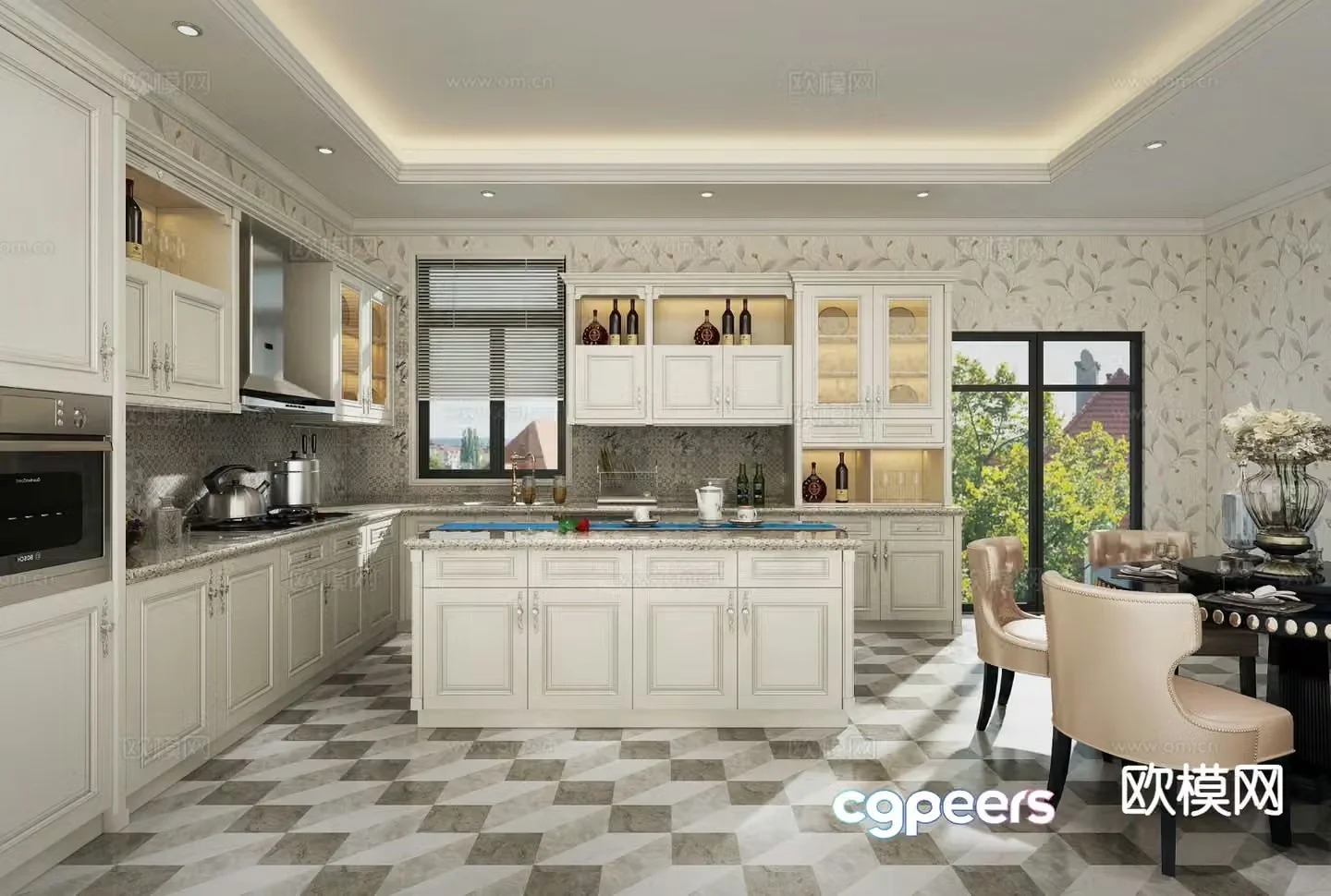 European style kitchen island kitchen 3d model