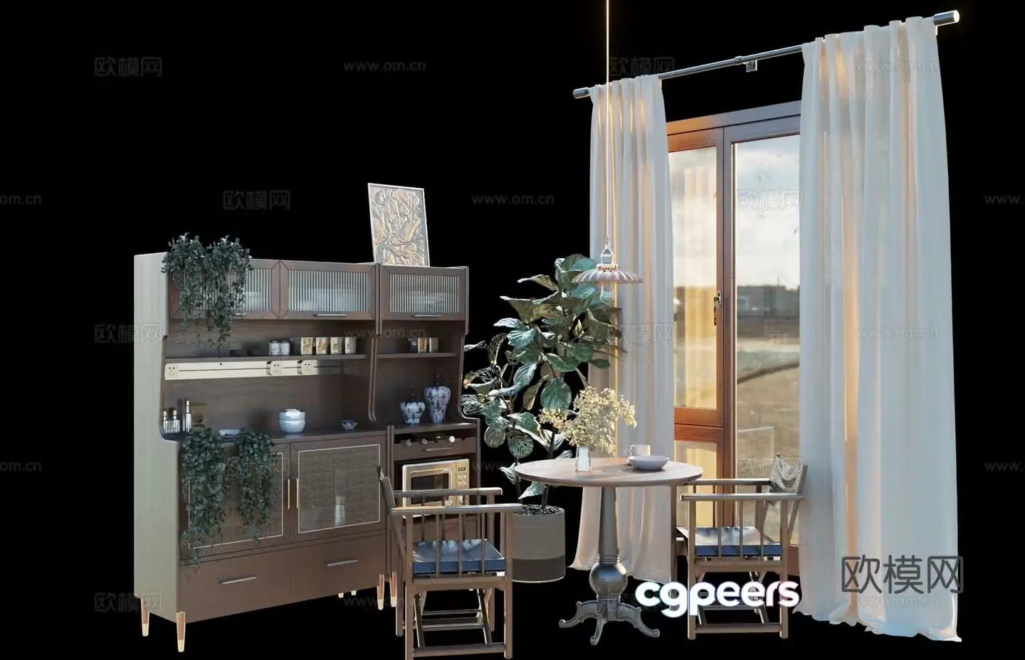 Bookcase Potted plants Table and chair Curtains Window 3D Model