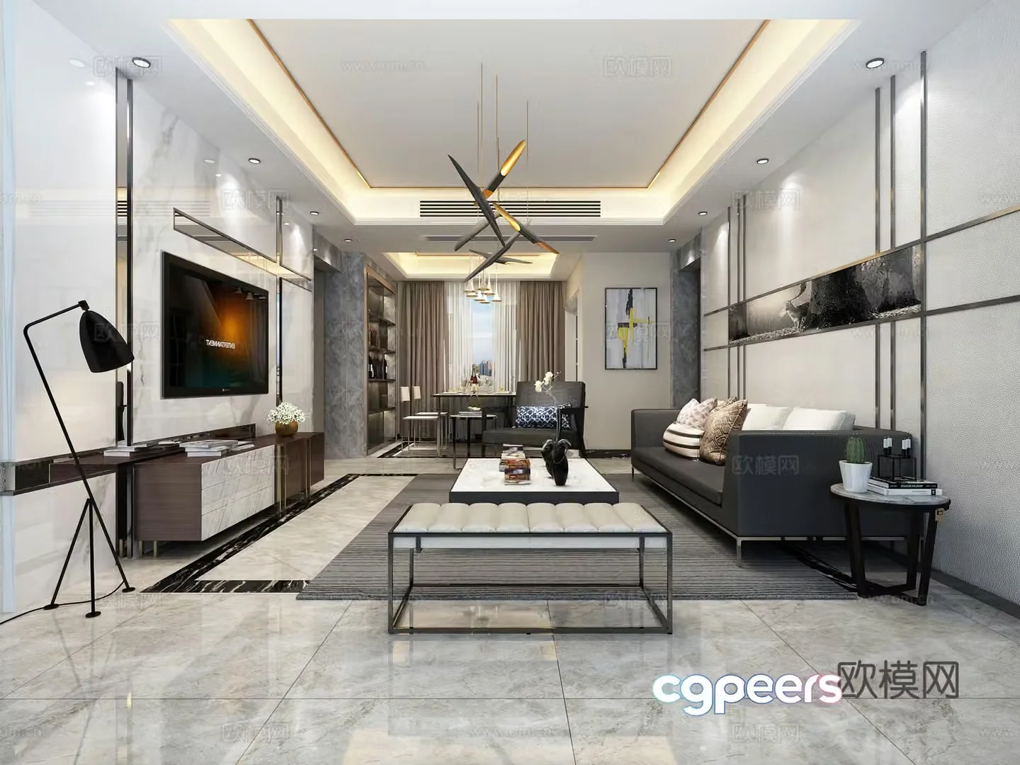 Modern living room background wall sofa coffee table chandelier desktop ornament hanging painting 3d model