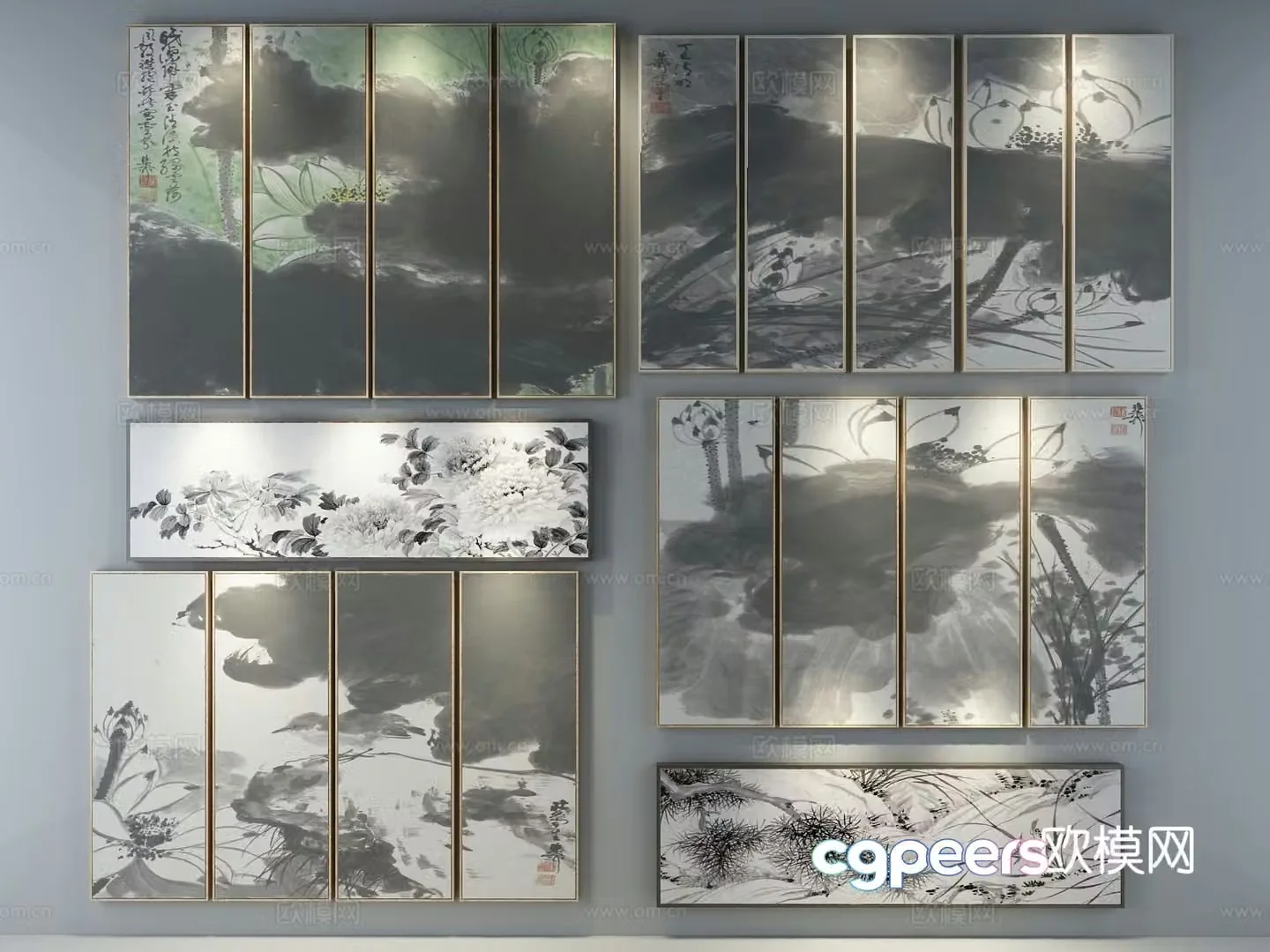 New Chinese style ink painting decorative painting 3D model