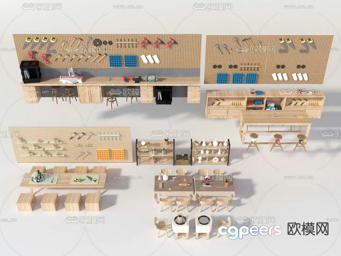 Handmade classroom tables and chairs tool wall pottery tools 3d model