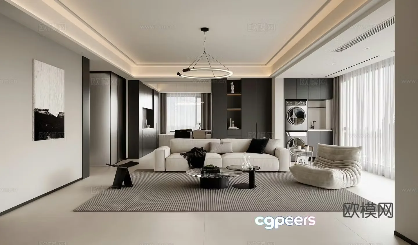 Modern black white and gray living and dining room balcony 3d model