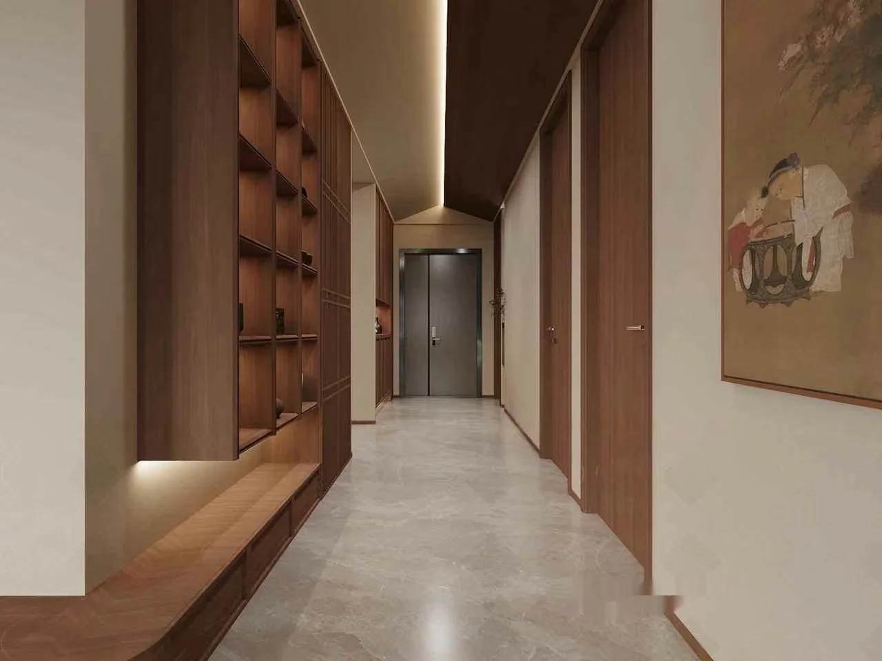 A Hallway With A Bench 3D Model – 7239 – VRAY Render
